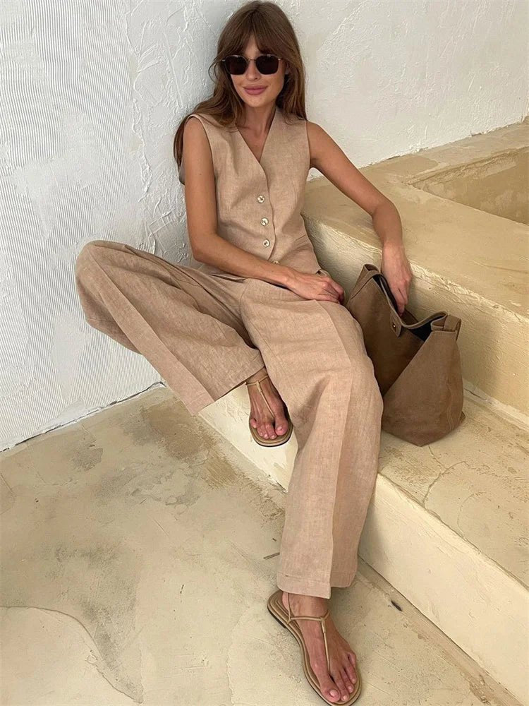 Wide-Leg Linen Jumpsuit with Matching Jacket for Women