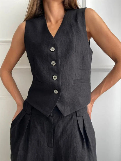 Wide-Leg Linen Jumpsuit with Matching Jacket for Women