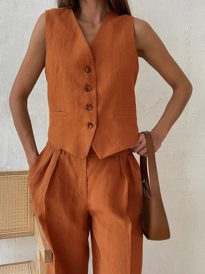 Wide-Leg Linen Jumpsuit with Matching Jacket for Women