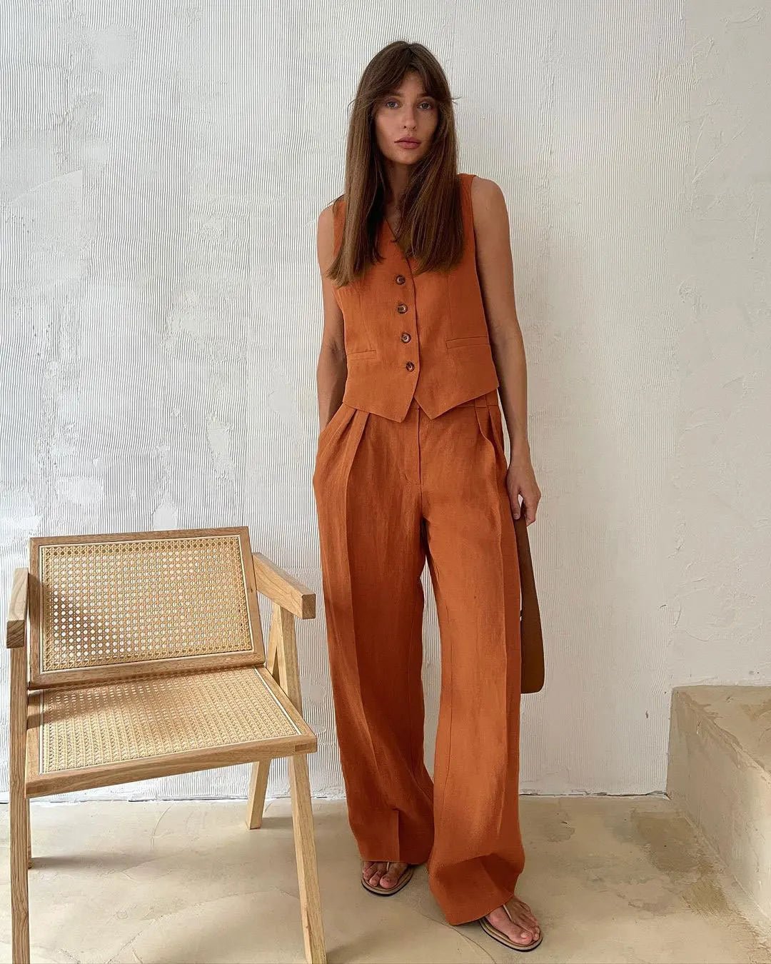 Wide-Leg Linen Jumpsuit with Matching Jacket for Women