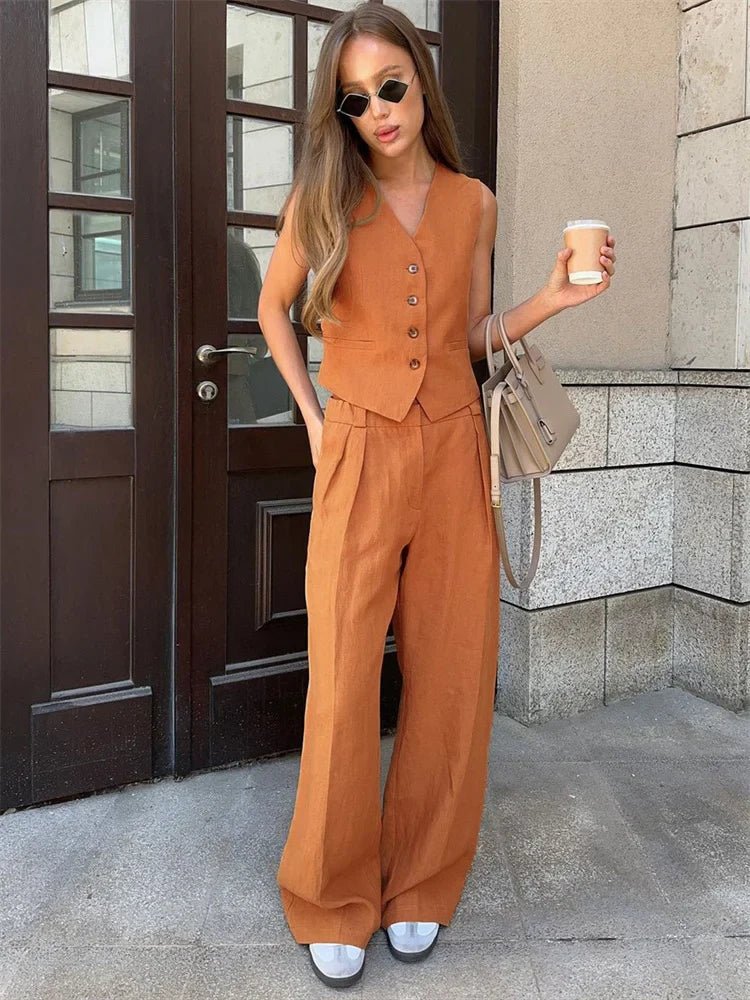 Wide-Leg Linen Jumpsuit with Matching Jacket for Women