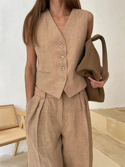 Wide-Leg Linen Jumpsuit with Matching Jacket for Women