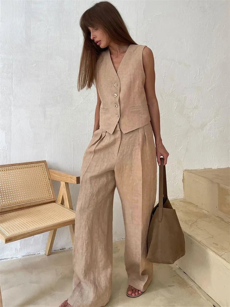 Wide-Leg Linen Jumpsuit with Matching Jacket for Women