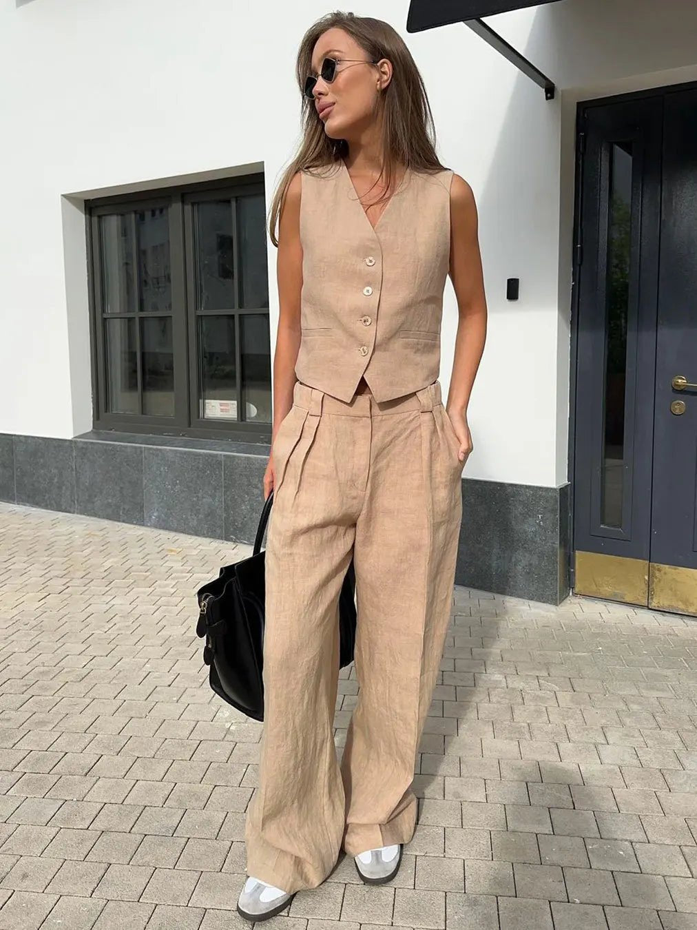 Wide-Leg Linen Jumpsuit with Matching Jacket for Women