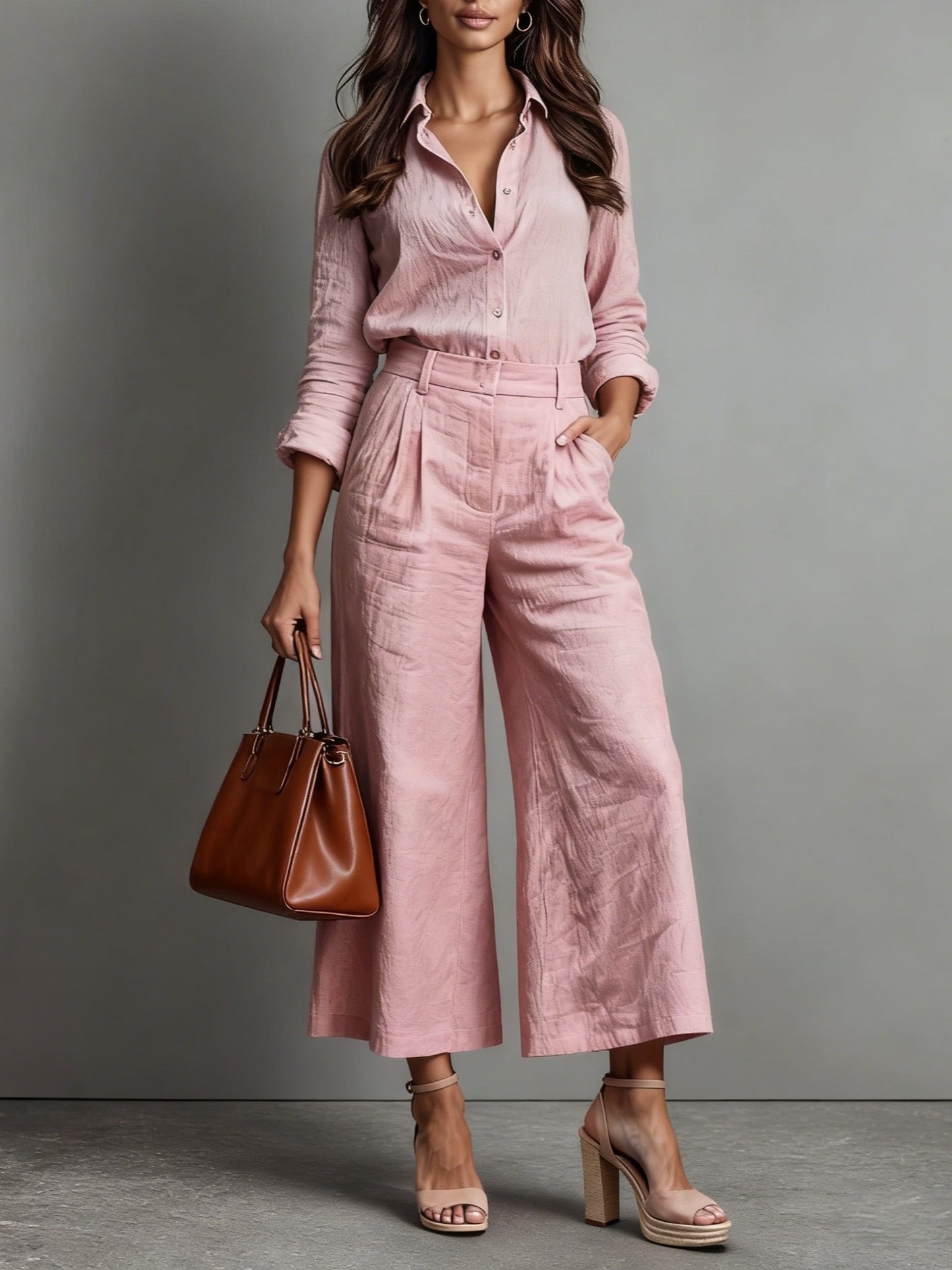 Button-Front Linen Blouse and Wide-Leg Trousers Co-ord Set for Women