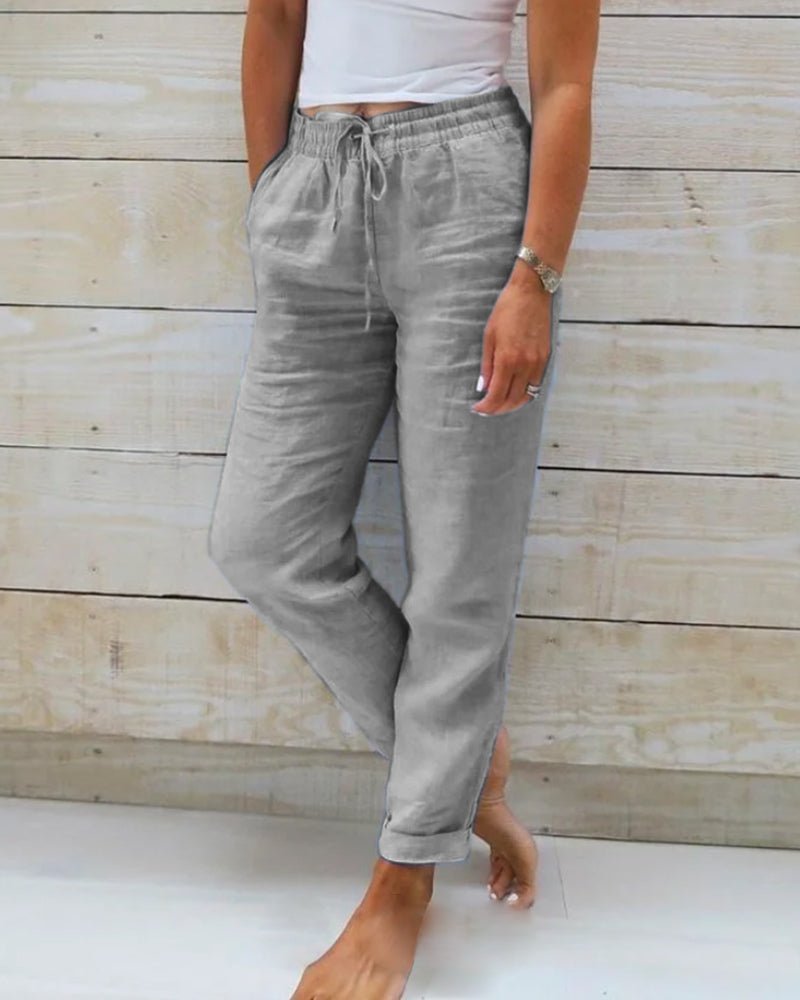 Women's Straight-Leg Linen Pants with Drawstring Elastic Waist