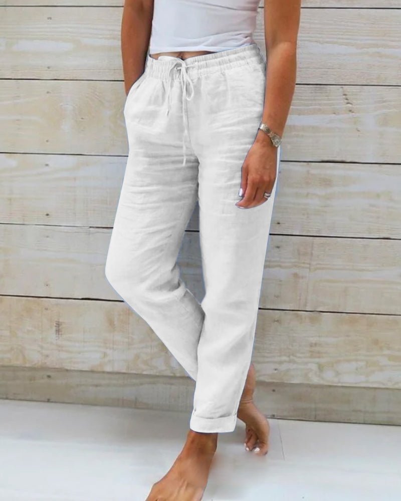 Women's Straight-Leg Linen Pants with Drawstring Elastic Waist