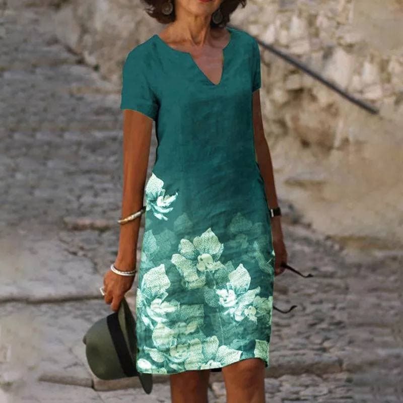 Women's Short-Sleeve V-Neck Linen Midi Dress