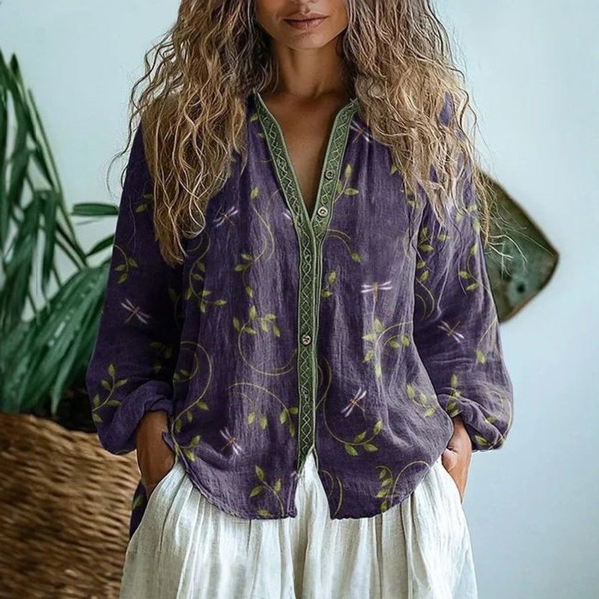 Women's Floral Print Long Sleeve Linen Button-Up Cardigan Blouse