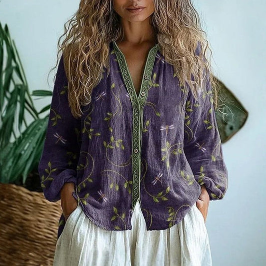 Women's Floral Print Long Sleeve Linen Button-Up Cardigan Blouse