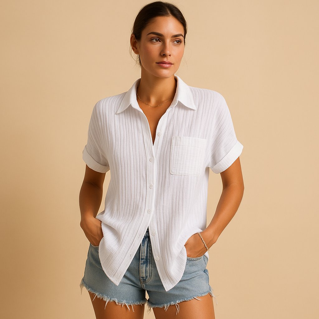 Women's Short-Sleeve Linen-Blend Pocket Shirt