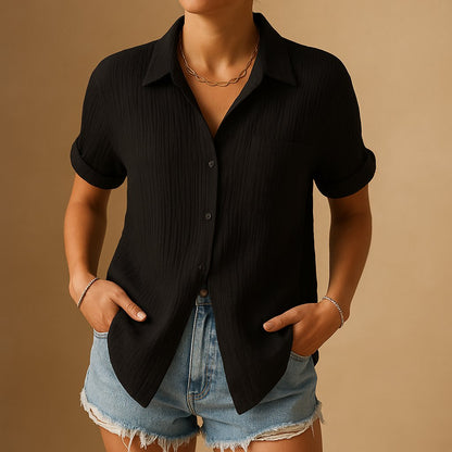 Women's Short-Sleeve Linen-Blend Pocket Shirt