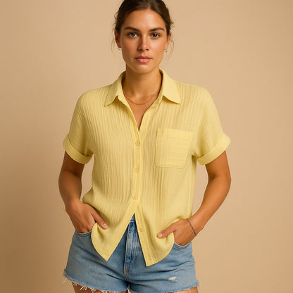 Women's Short-Sleeve Linen-Blend Pocket Shirt