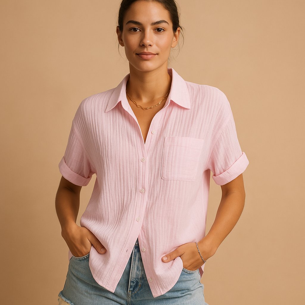 Women's Short-Sleeve Linen-Blend Pocket Shirt
