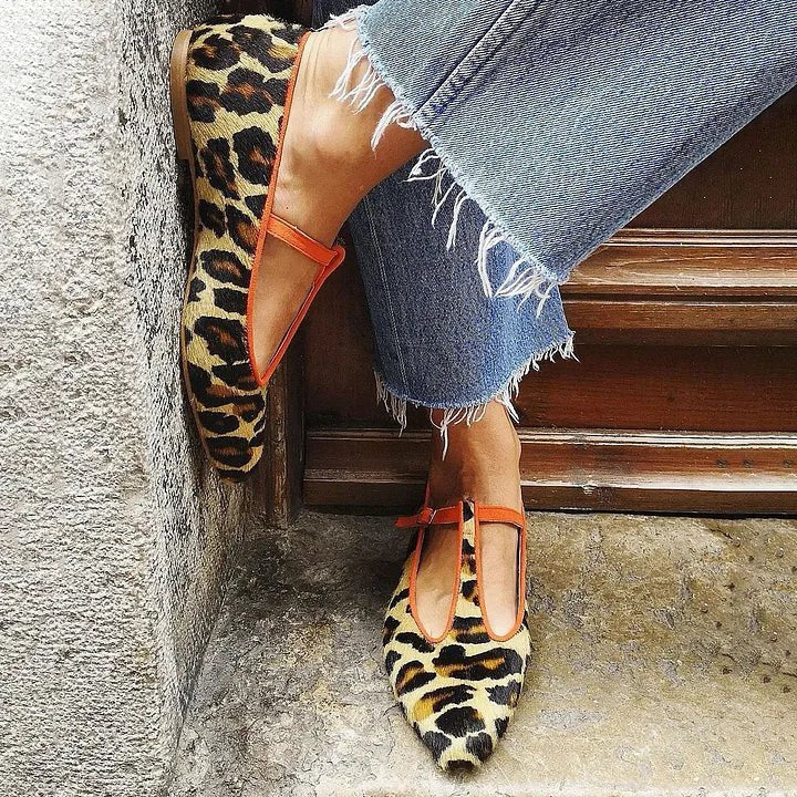 Pointed-Toe Leopard T-Bar Linen-Texture Ballerina Flats for Women