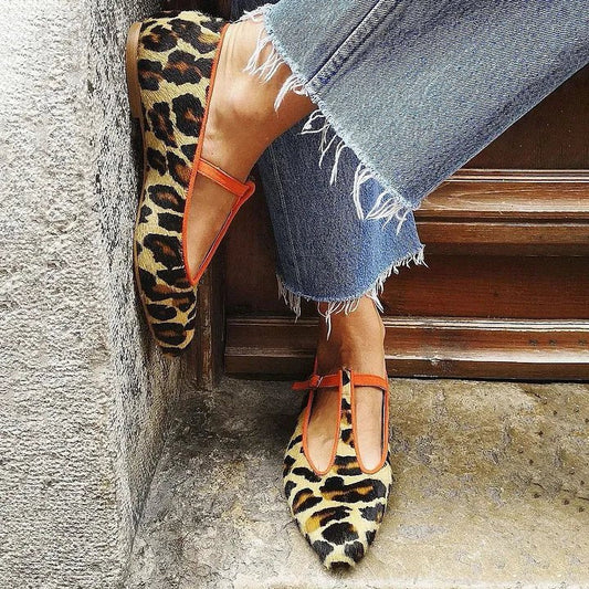 Pointed-Toe Leopard T-Bar Linen-Texture Ballerina Flats for Women
