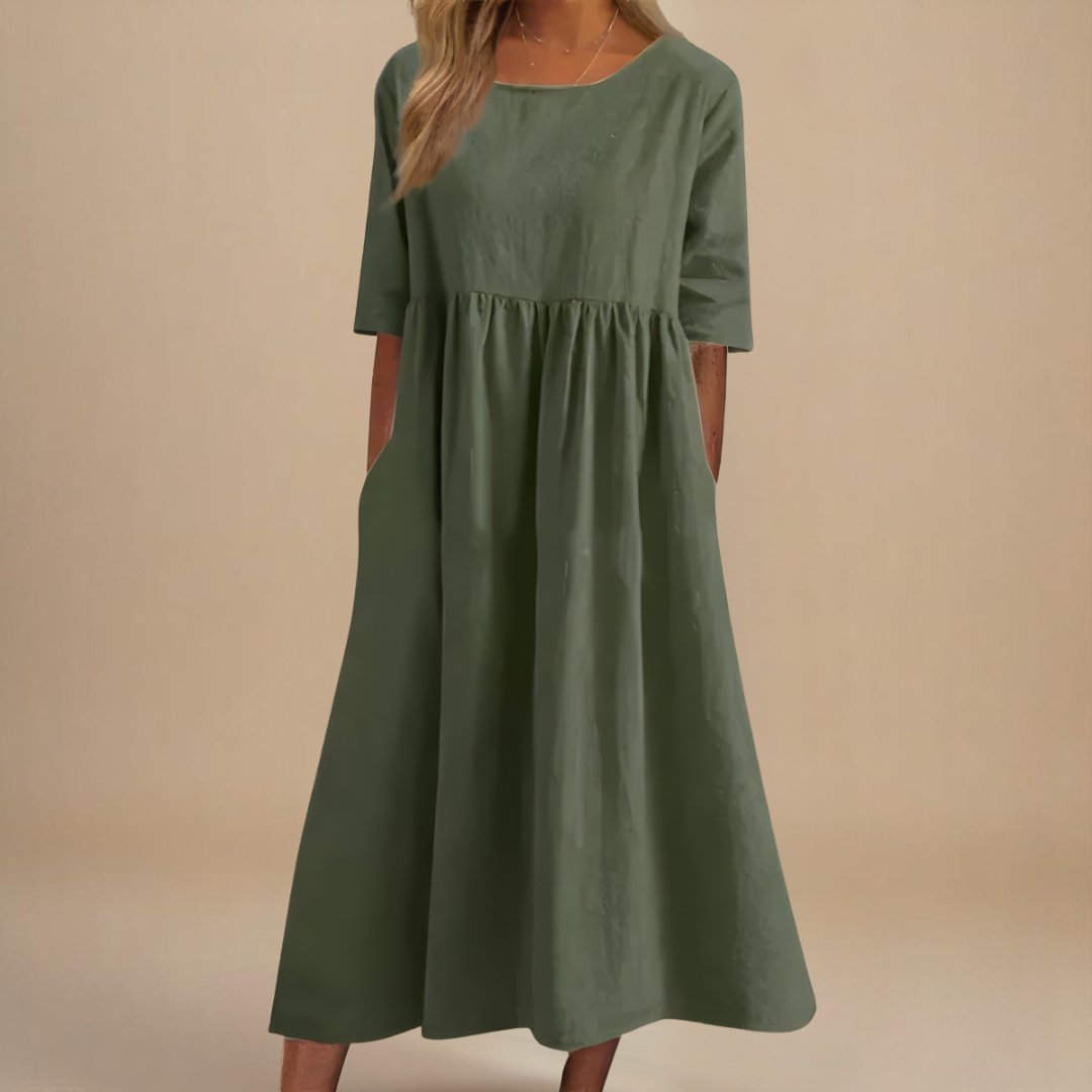 Women's Empire Waist Half-Sleeve Linen Midi Dress