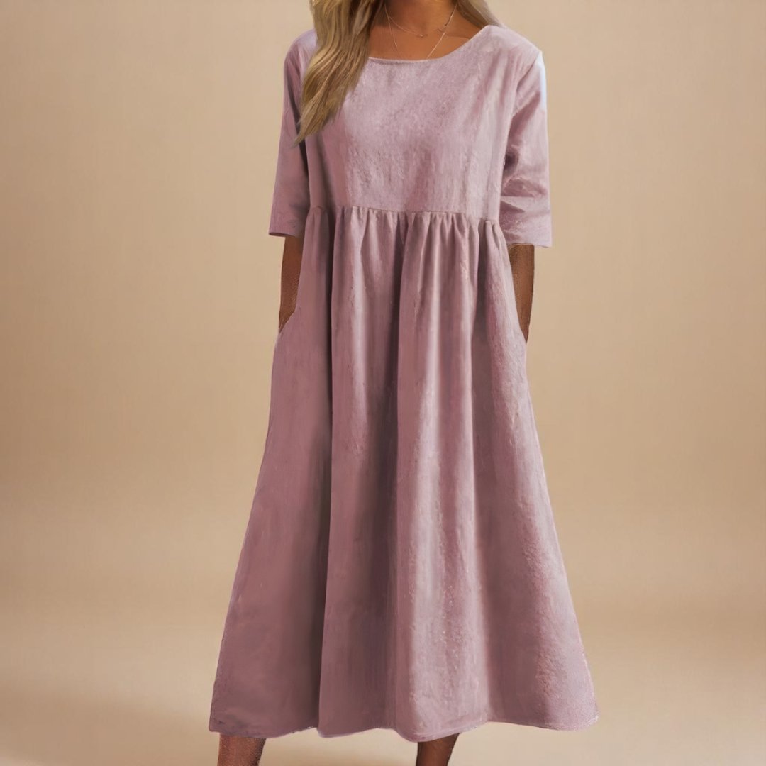 Women's Empire Waist Half-Sleeve Linen Midi Dress