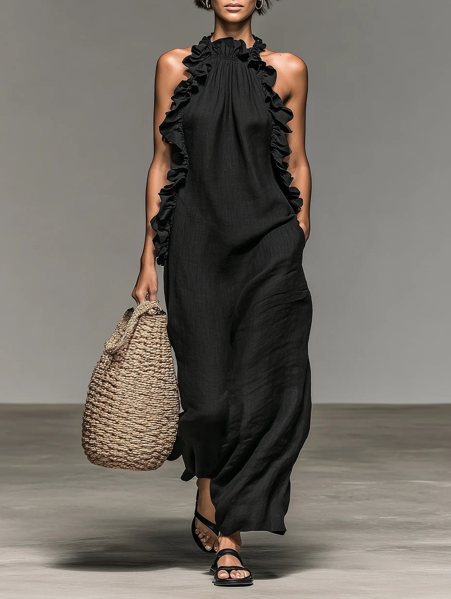 Women's Ruffled Sleeveless Linen Maxi Dress
