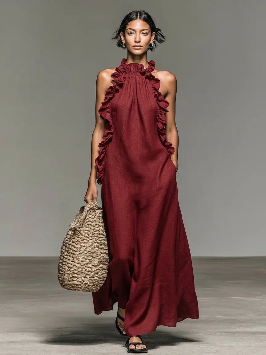 Women's Ruffled Sleeveless Linen Maxi Dress