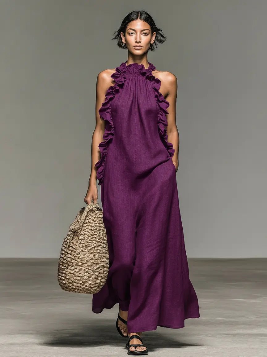 Women's Ruffled Sleeveless Linen Maxi Dress