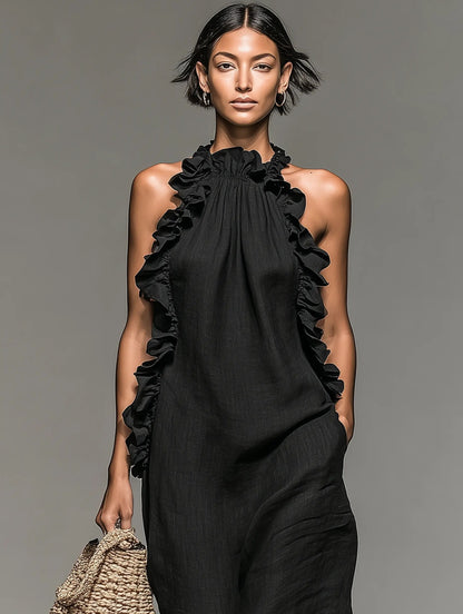 Women's Ruffled Sleeveless Linen Maxi Dress