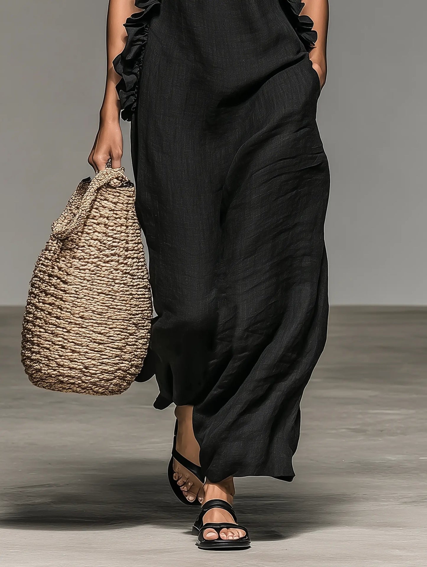 Women's Ruffled Sleeveless Linen Maxi Dress