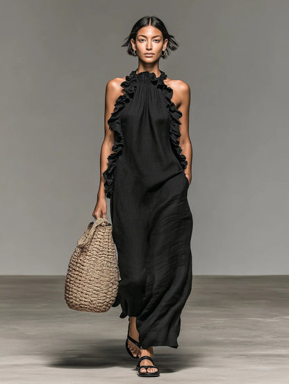 Women's Ruffled Sleeveless Linen Maxi Dress