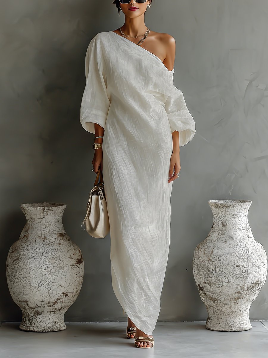 Women's Single-Shoulder Linen Maxi Dress