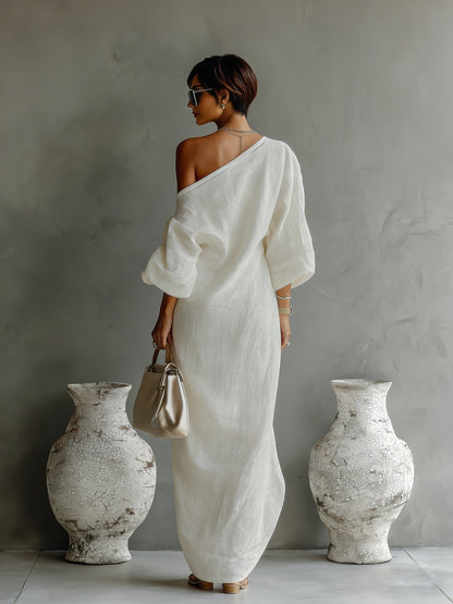 Women's Single-Shoulder Linen Maxi Dress