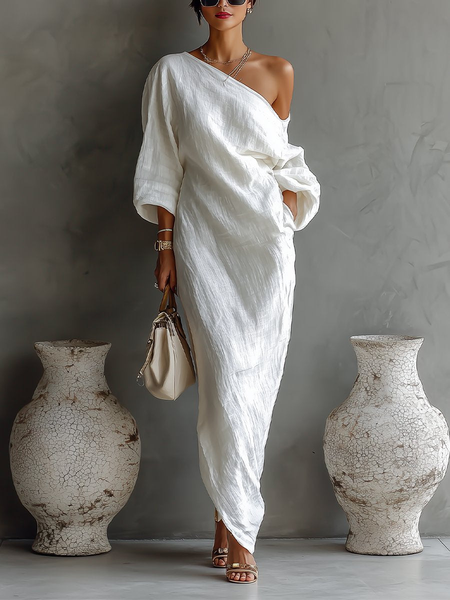 Women's Single-Shoulder Linen Maxi Dress