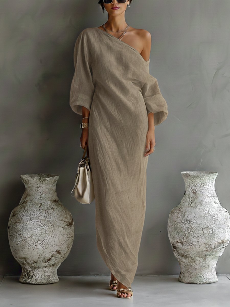 Women's Single-Shoulder Linen Maxi Dress