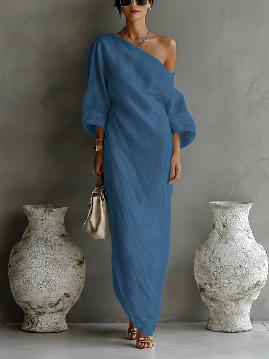 Women's Single-Shoulder Linen Maxi Dress