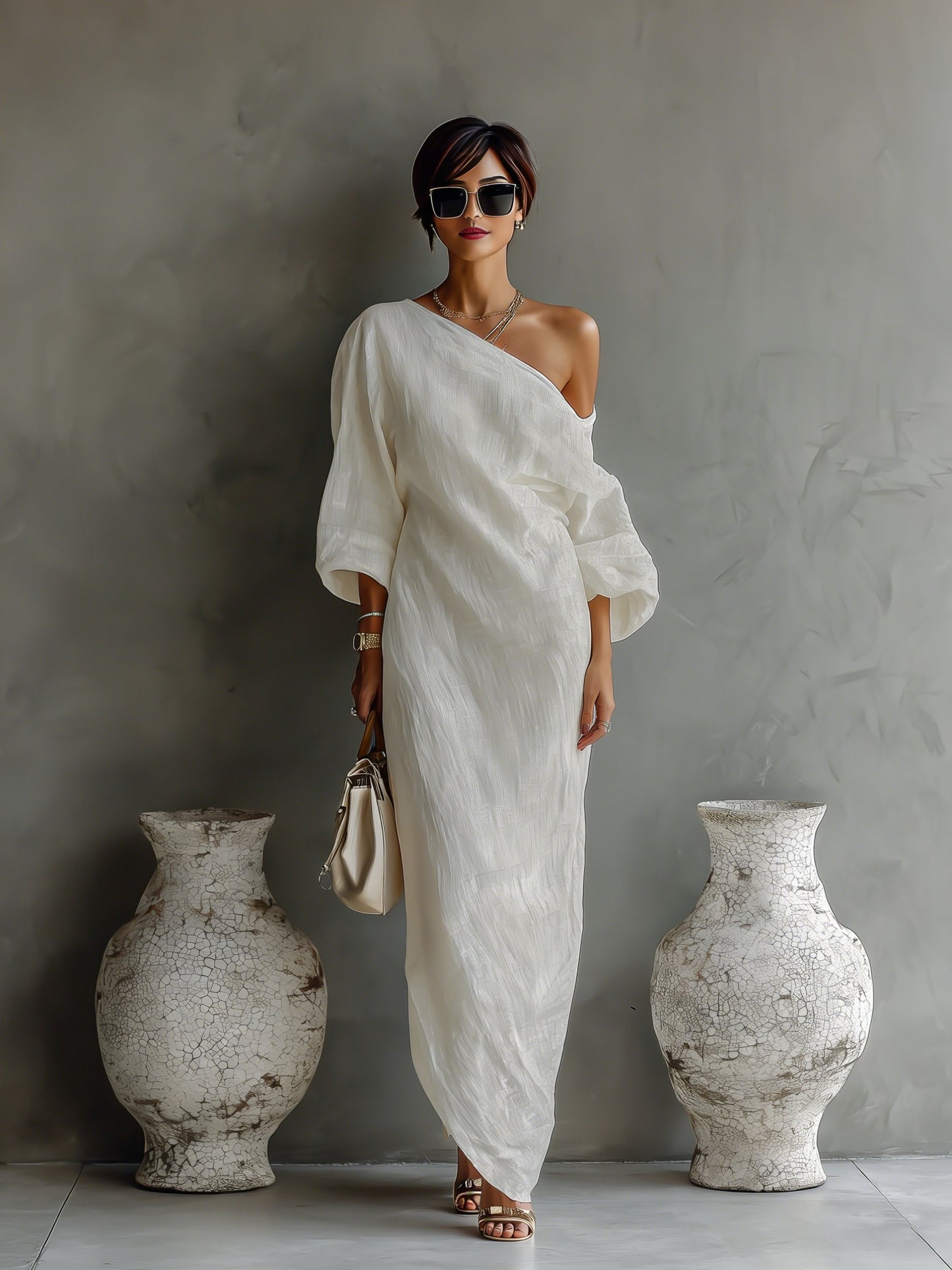 Women's Single-Shoulder Linen Maxi Dress