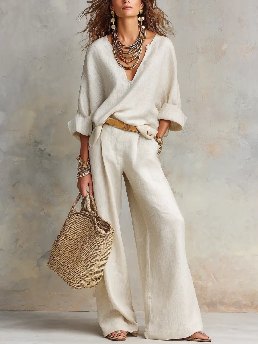Women's V-Neck Linen Two-Piece Set with Wide-Leg Trousers