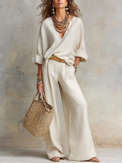 Women's V-Neck Linen Two-Piece Set with Wide-Leg Trousers