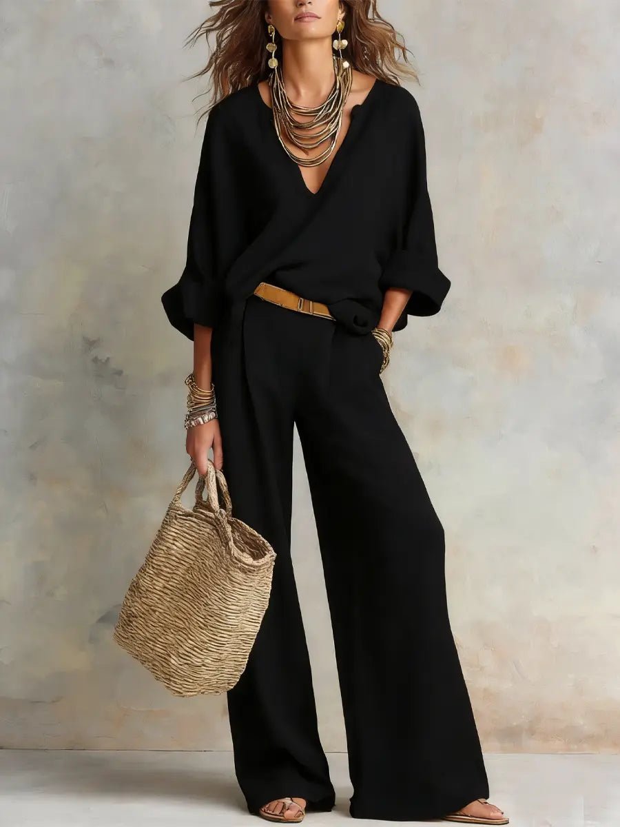 Women's V-Neck Linen Two-Piece Set with Wide-Leg Trousers