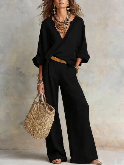 Women's V-Neck Linen Two-Piece Set with Wide-Leg Trousers