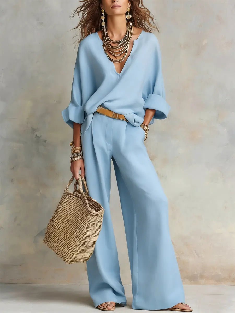 Women's V-Neck Linen Two-Piece Set with Wide-Leg Trousers