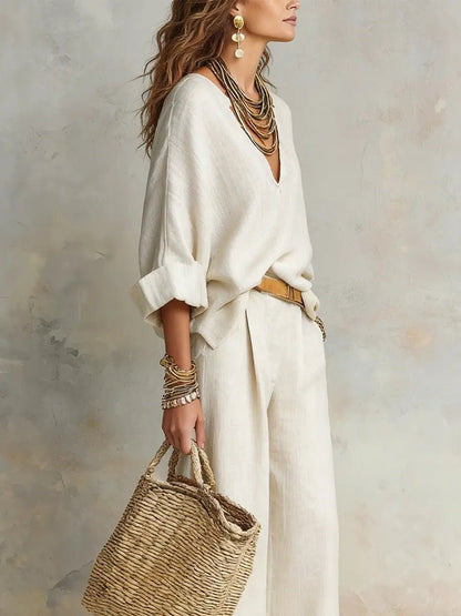 Women's V-Neck Linen Two-Piece Set with Wide-Leg Trousers