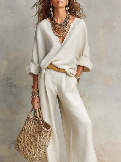 Women's V-Neck Linen Two-Piece Set with Wide-Leg Trousers