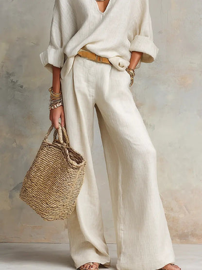 Women's V-Neck Linen Two-Piece Set with Wide-Leg Trousers