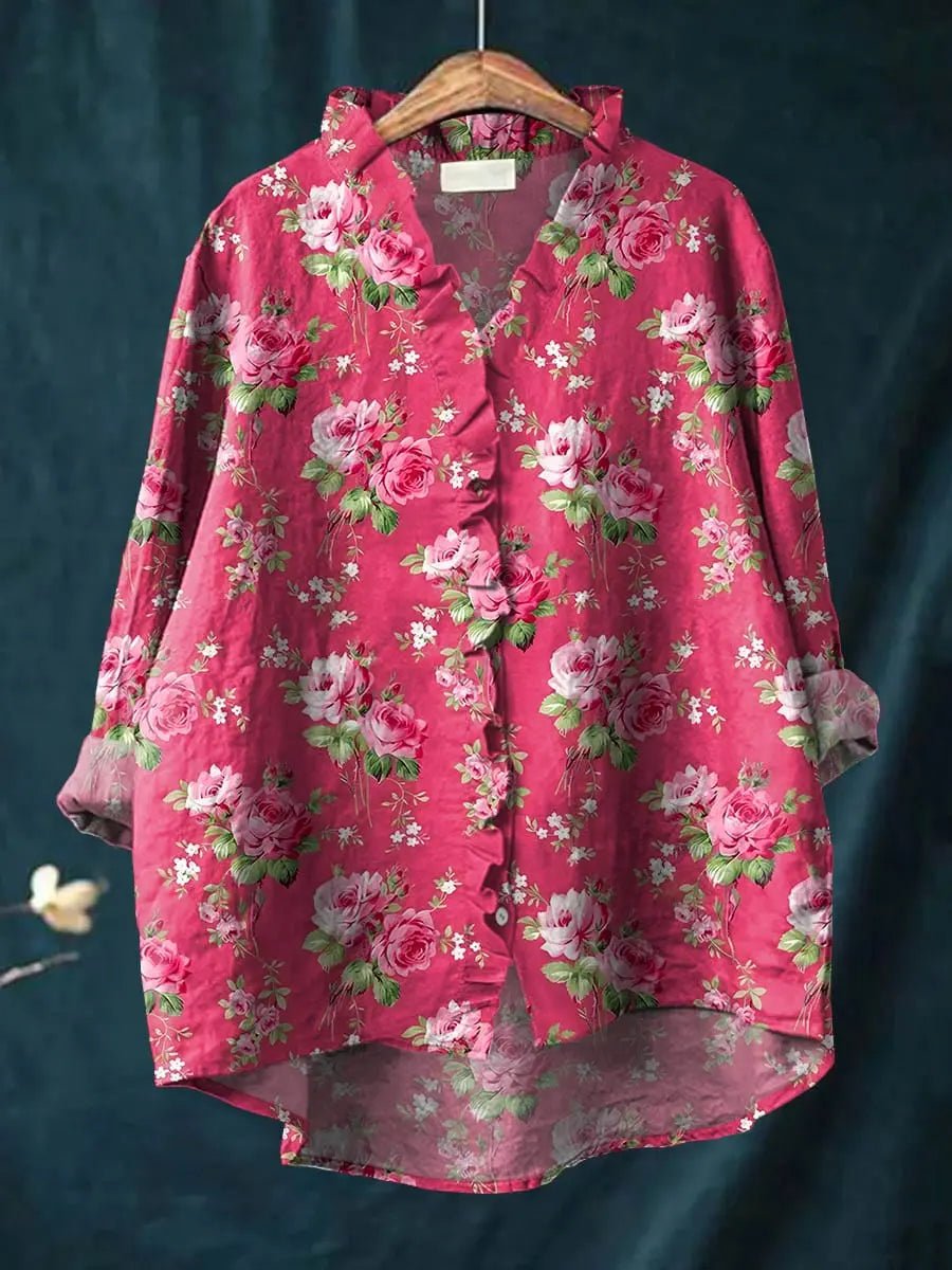 Women's Relaxed Floral Print Linen Ruffled Blouse