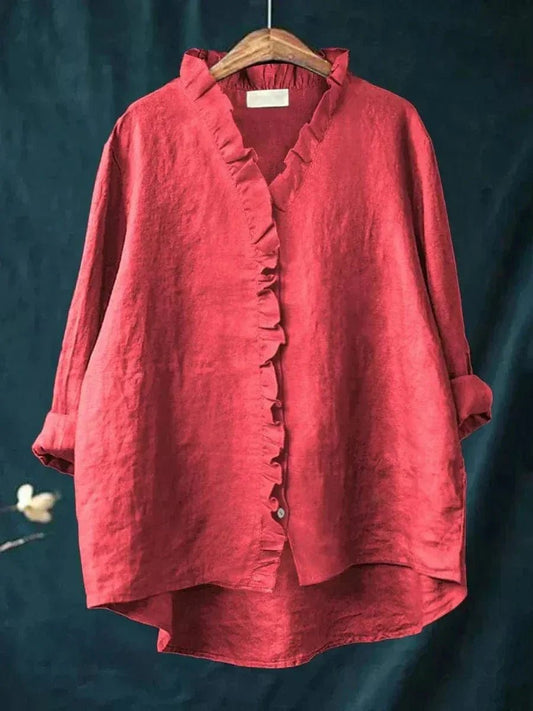 Women's Relaxed Linen Ruffle-Trim Blouse