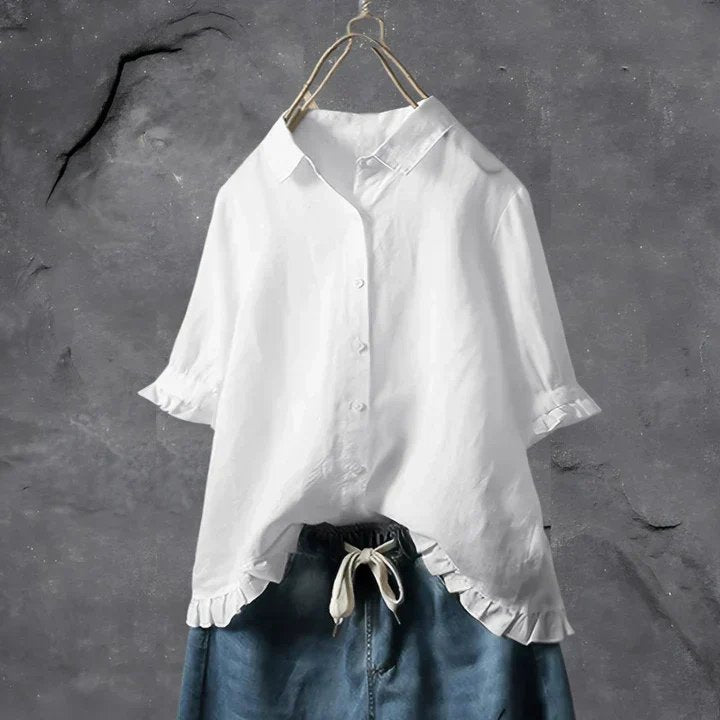Women's Ruffle Sleeve Button-Front Linen Shirt