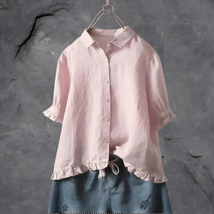Women's Ruffle Sleeve Button-Front Linen Shirt