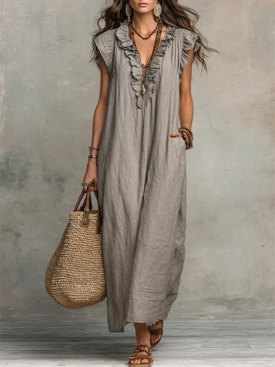 Women's V-Neck Linen Maxi Dress with Ruffle Trim