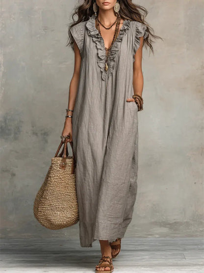 Women's V-Neck Linen Maxi Dress with Ruffle Trim