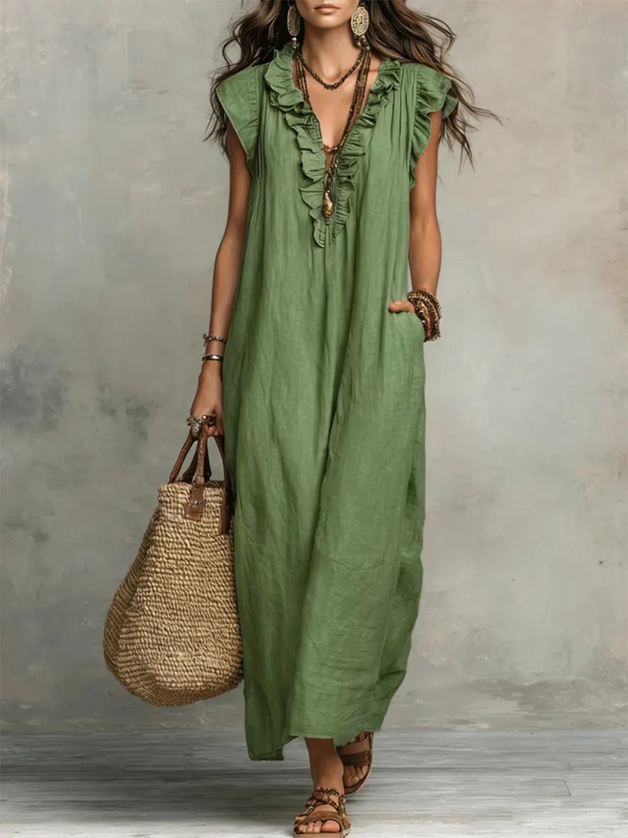 Women's V-Neck Linen Maxi Dress with Ruffle Trim