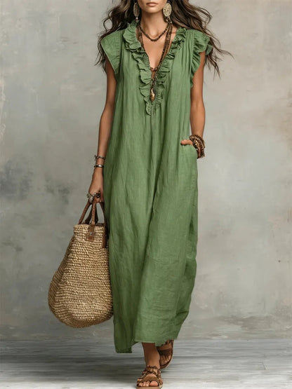 Women's V-Neck Linen Maxi Dress with Ruffle Trim